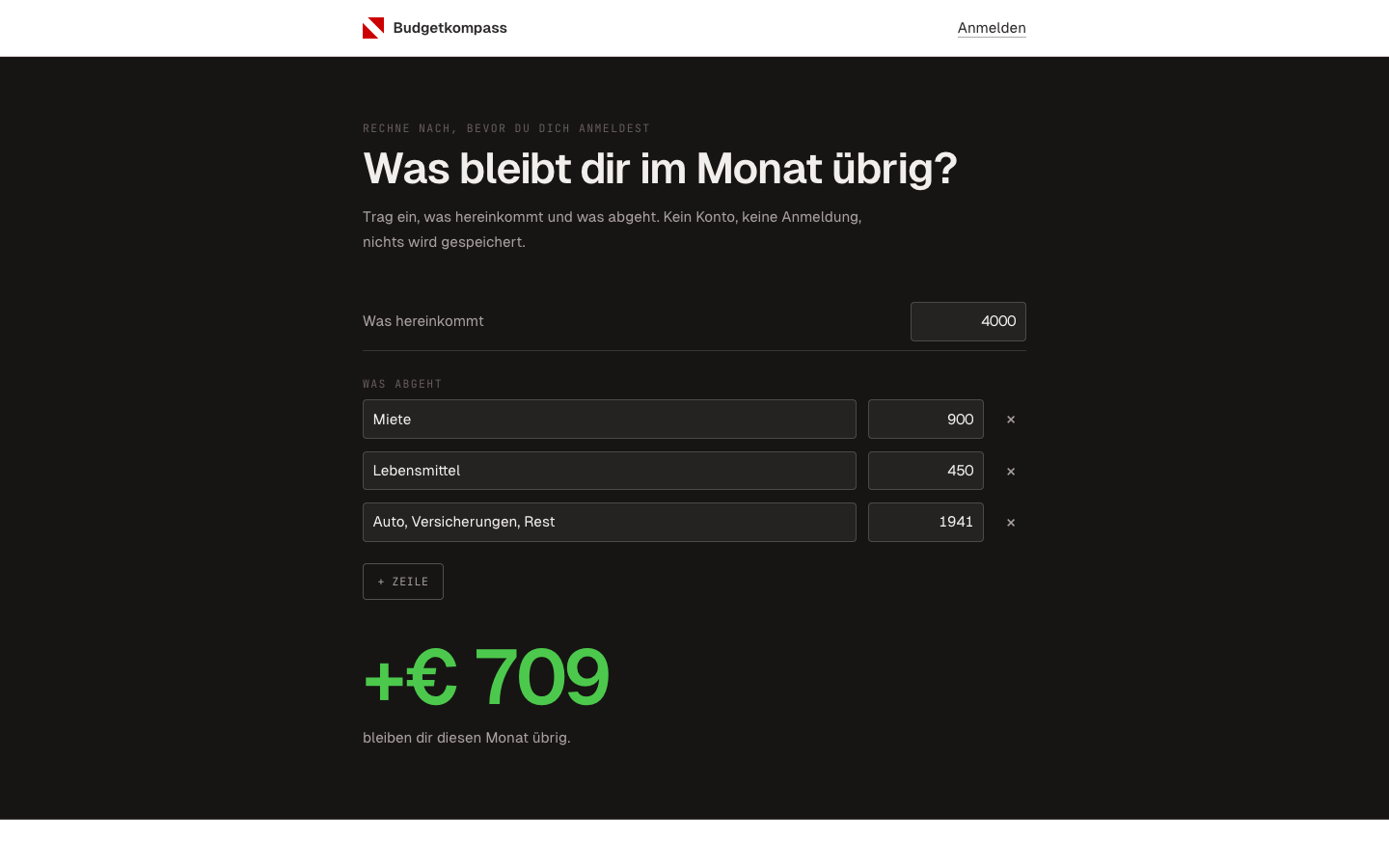 Screenshot of Budgetkompass: a quick calculator showing what is left at the end of the month